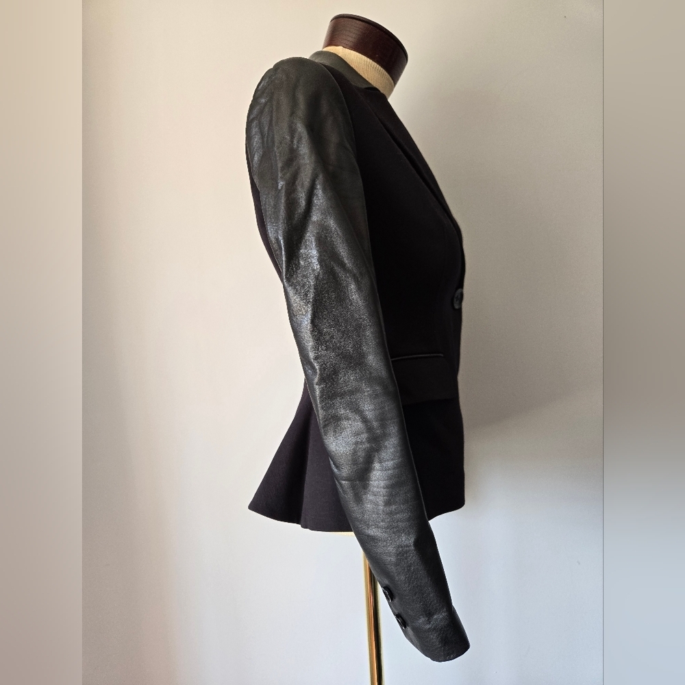 GUESS BY MARCIANO Black Fitted Blazer with Genuine Leather Sleeves, Back Ruffle. - Picture 5 of 15
